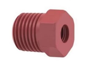 Threaded Adapter, Red/Natural peek, 0.062 id 1/4-28 Flat bottom (F) 1/4 NTP (M)
